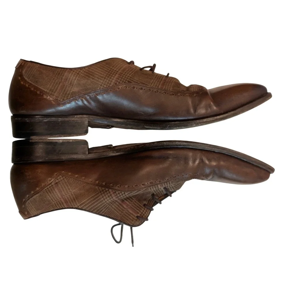 Mezlan Mens Brown Leather Glen Plaid Fabric Wingtip Oxford Dress Shoes 10 M‎